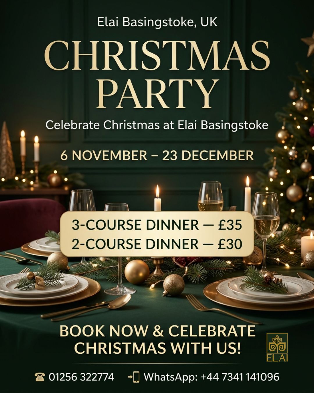  poster of Christmas party menu near Basingstoke Elai indian restaurant